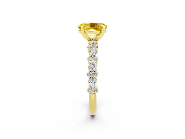 Yellow gold Oval Cut Yellow Sapphire Side Stone Solitaire Ring with Round  and Four-Prong Setting