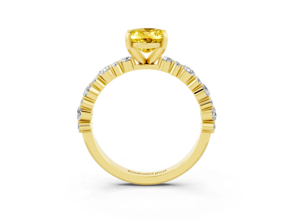 Yellow gold Oval Cut Yellow Sapphire Side Stone Solitaire Ring with Round  and Four-Prong Setting