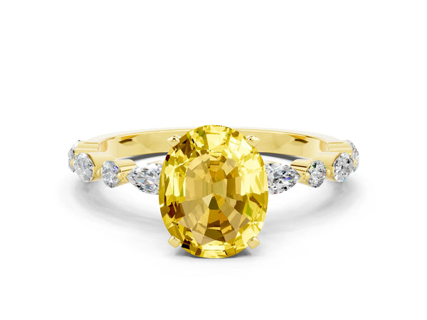Yellow gold Oval Cut Yellow Sapphire Ring with Marquise and Round  Side Stones and Four-Prong Setting