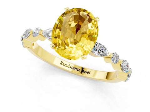 Yellow gold Oval Cut Yellow Sapphire Solitaire with Side Stones on a Pavé Band and Four-Prong Setting_25