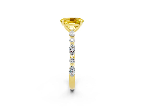 Yellow gold Oval Cut Yellow Sapphire Ring with Marquise and Round  Side Stones and Four-Prong Setting