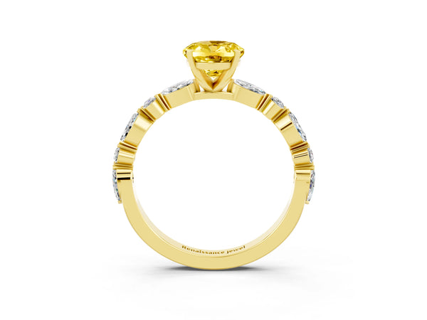 Yellow gold Oval Cut Yellow Sapphire Ring with Marquise and Round  Side Stones and Four-Prong Setting