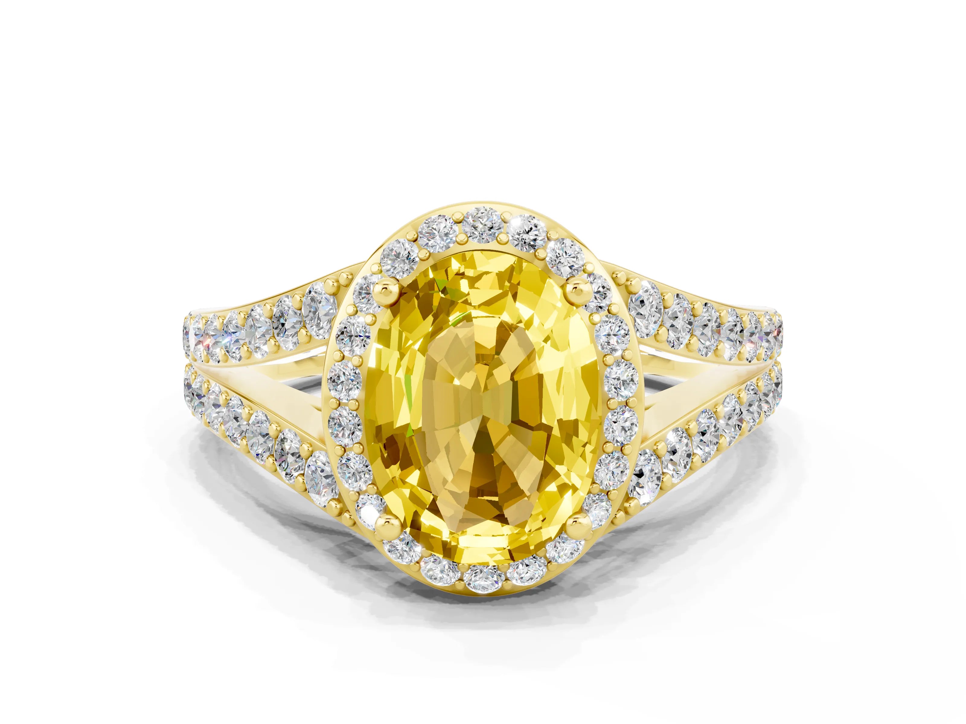 Yellow gold Oval Cut Yellow Sapphire Split Shank Halo Ring with Four-Prong Setting_10