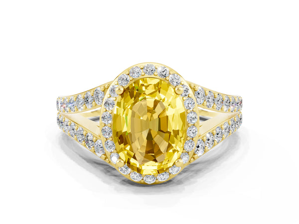 Yellow gold Oval Cut Yellow Sapphire Split Shank Halo Ring with Four-Prong Setting