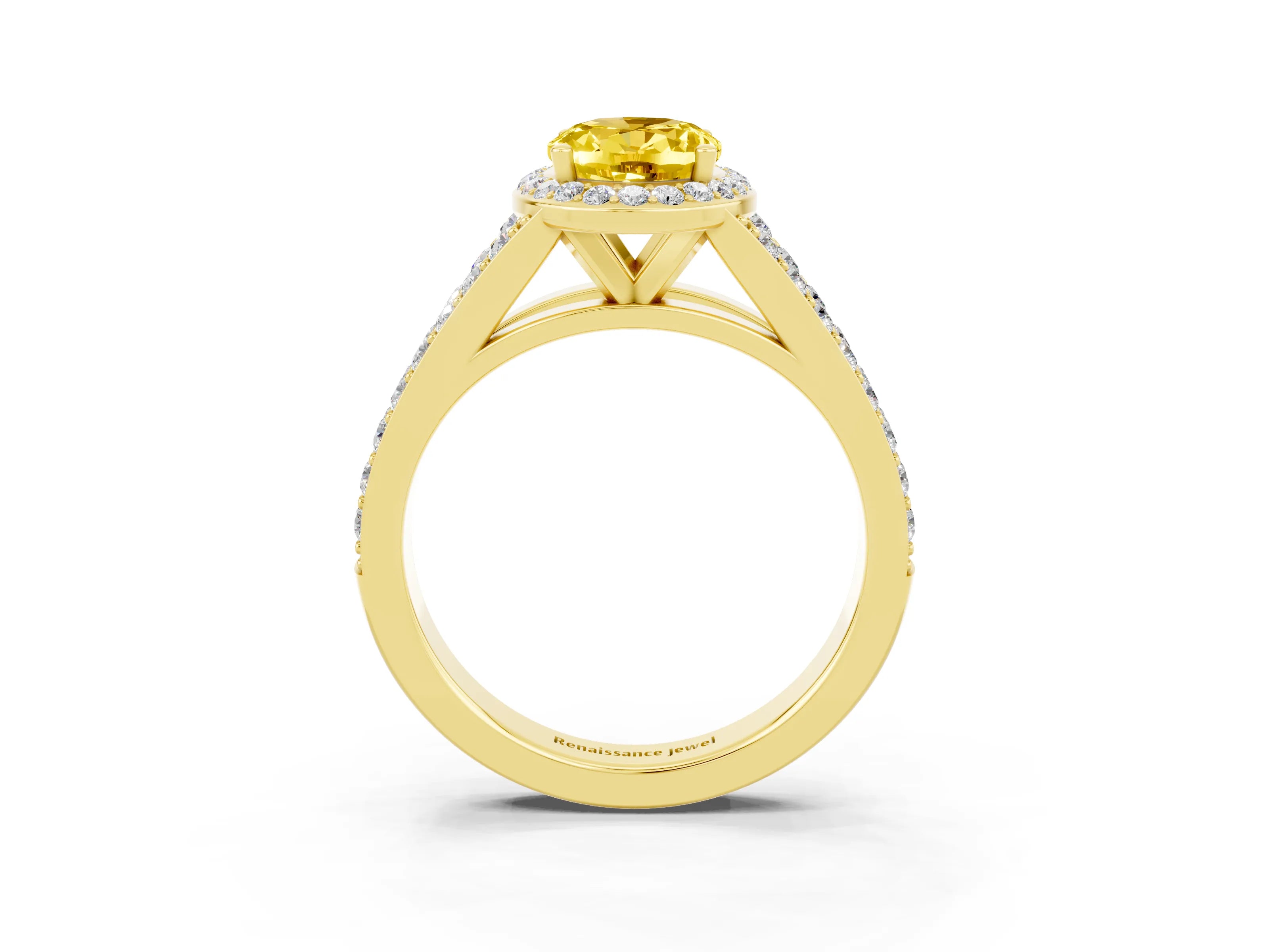 Yellow gold Oval Cut Yellow Sapphire Split Shank Halo Ring with Four-Prong Setting_13