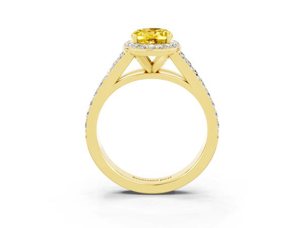 Yellow gold Oval Cut Yellow Sapphire Split Shank Halo Ring with Four-Prong Setting