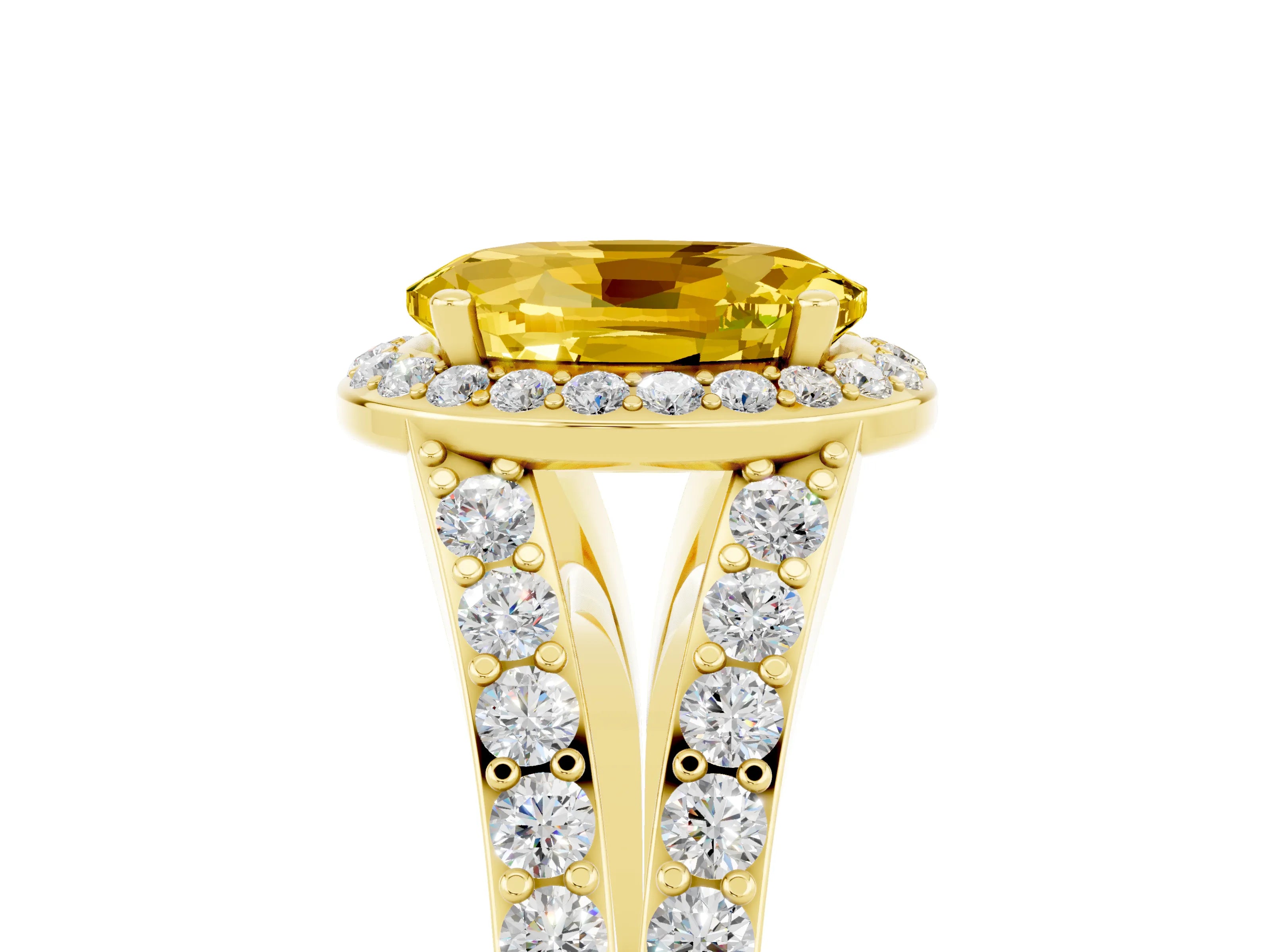 Yellow gold Oval Cut Yellow Sapphire Split Shank Halo Ring with Four-Prong Setting_15