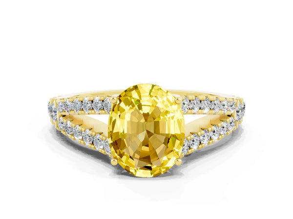 Yellow gold Oval Cut Yellow Sapphire Split Shank Pavé Engagement Ring with Four-Prong Setting