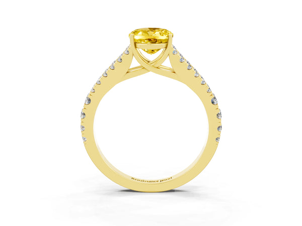 Yellow gold Oval Cut Yellow Sapphire Split Shank Pavé Engagement Ring with Four-Prong Setting