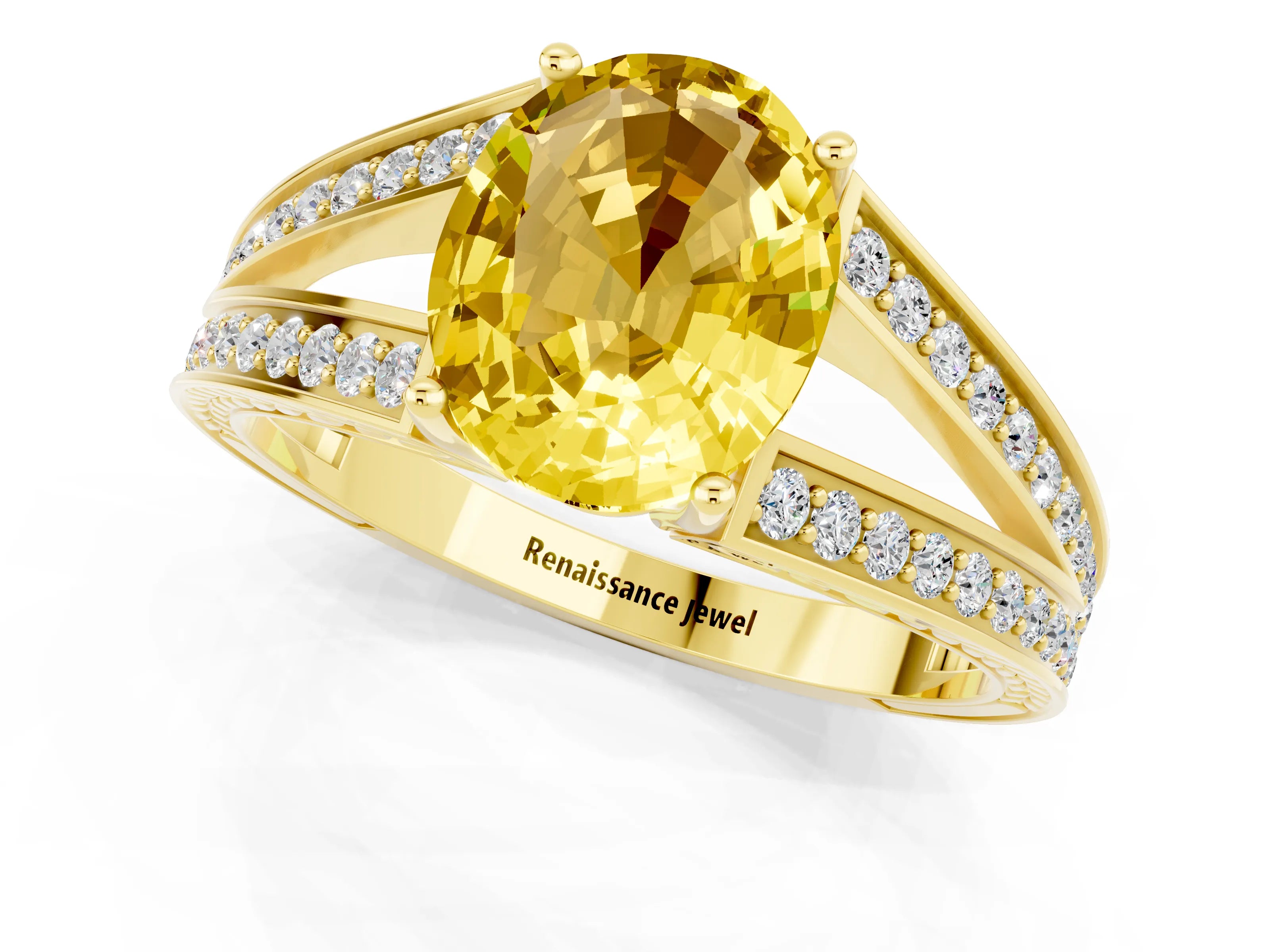 Yellow gold Oval Cut Yellow Sapphire Split Shank Ring with Pavé Band and Four-Prong Setting_1