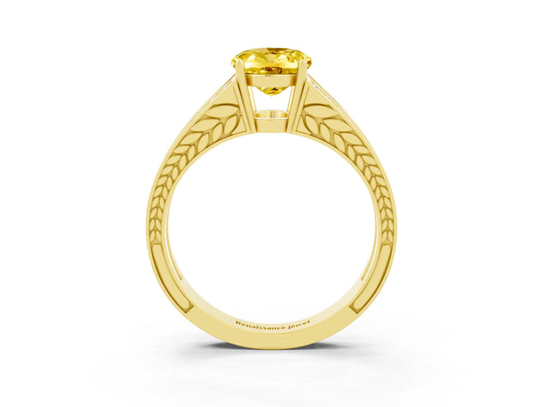 Yellow gold Oval Cut Yellow Sapphire Split Shank Ring with Pavé Band and Four-Prong Setting