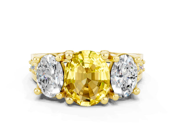 Yellow gold Oval Cut Yellow Sapphire Three-Stone Ring with Channel Set Band and Four-Prong Setting