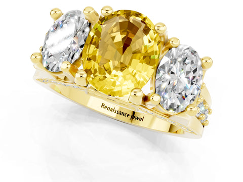 Yellow gold Oval Cut Yellow Sapphire Three-Stone Ring with Channel Set Band and Four-Prong Setting_1