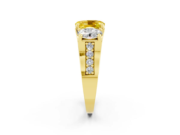 Yellow gold Oval Cut Yellow Sapphire Three-Stone Ring with Channel Set Band and Four-Prong Setting