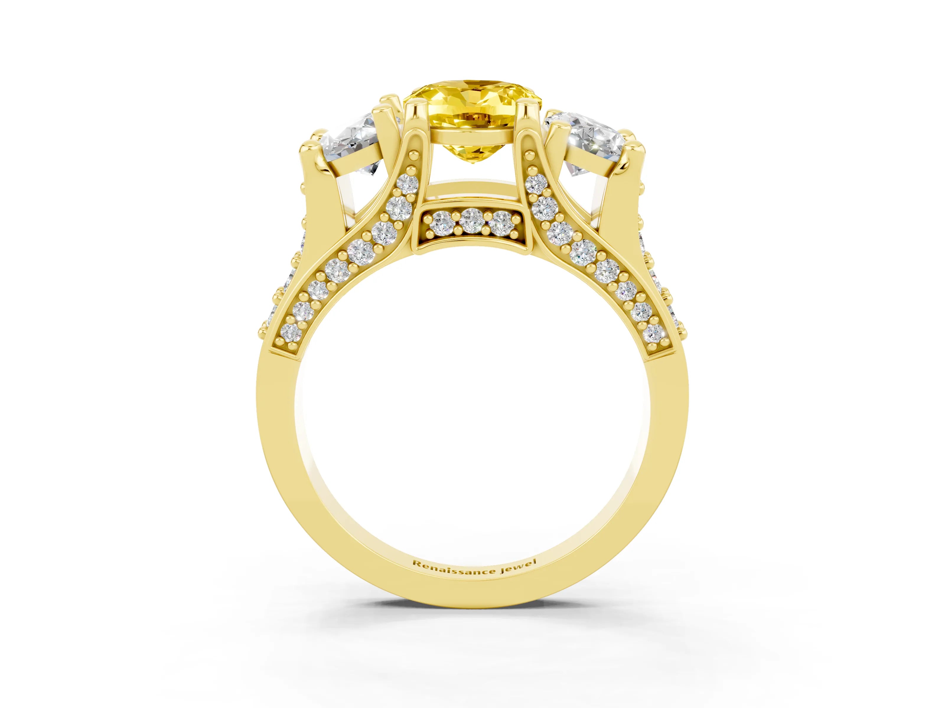 Yellow gold Oval Cut Yellow Sapphire Three-Stone Ring with Channel Set Band and Four-Prong Setting_3