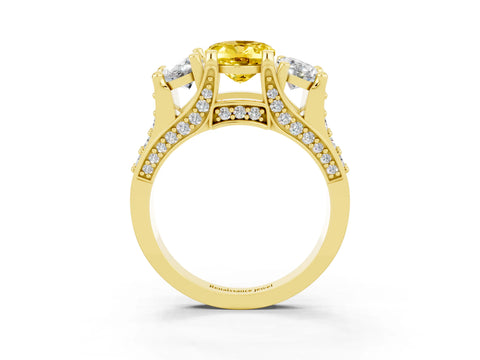 Yellow gold Oval Cut Yellow Sapphire Three-Stone Ring with Channel Set Band and Four-Prong Setting_3