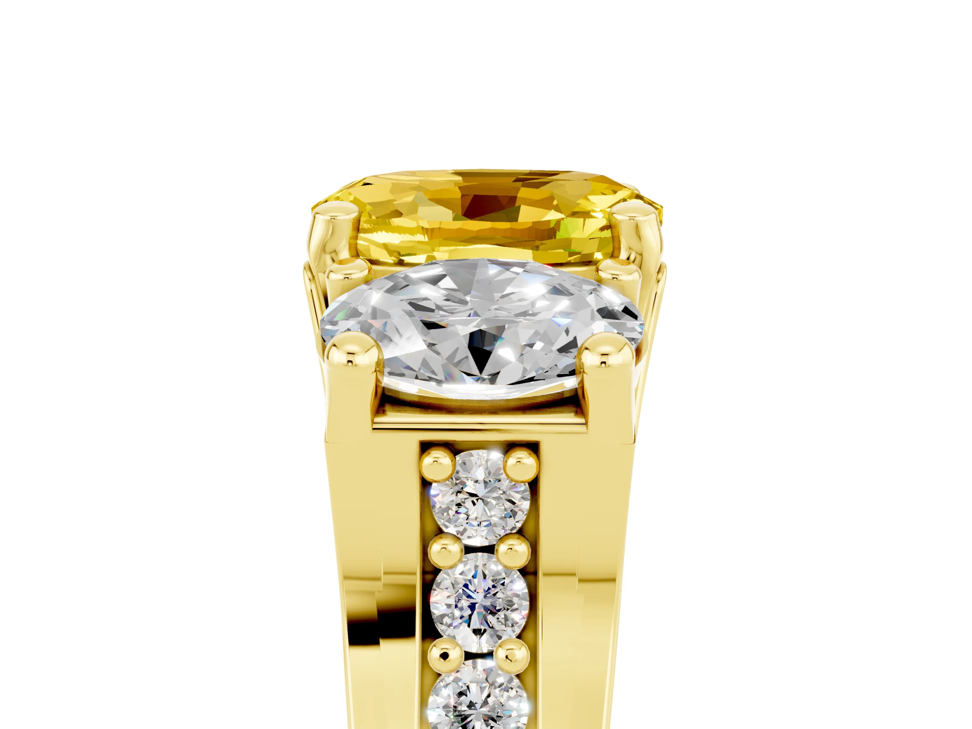 Yellow gold Oval Cut Yellow Sapphire Three-Stone Ring with Channel Set Band and Four-Prong Setting_5