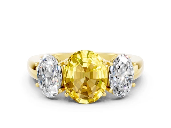 Yellow gold Oval Cut Yellow Sapphire Three-Stone Ring with Four-Prong Setting and Classic Band