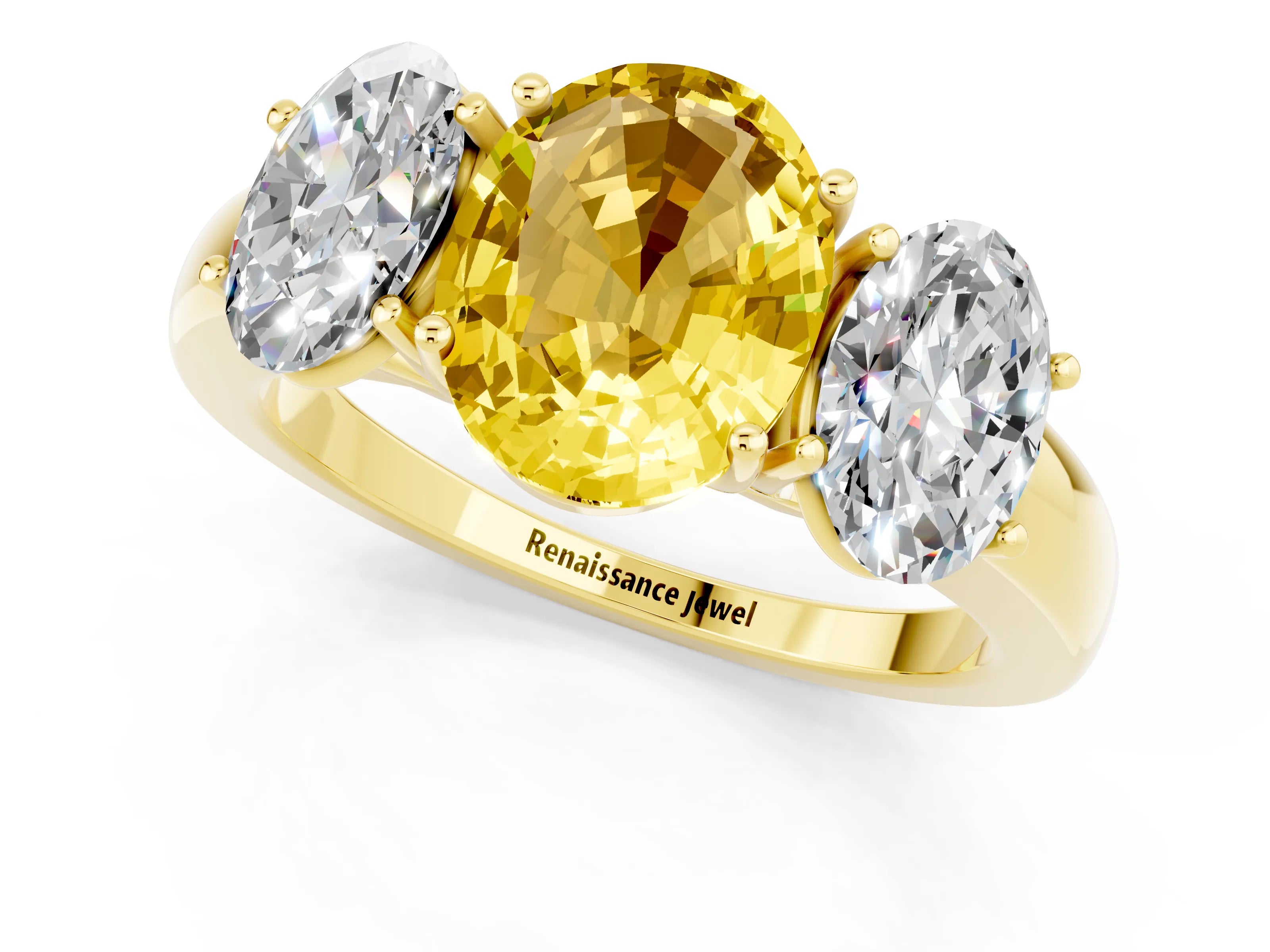 Yellow gold Oval Cut Yellow Sapphire Three-Stone Ring with Four-Prong Setting and Classic Band_1