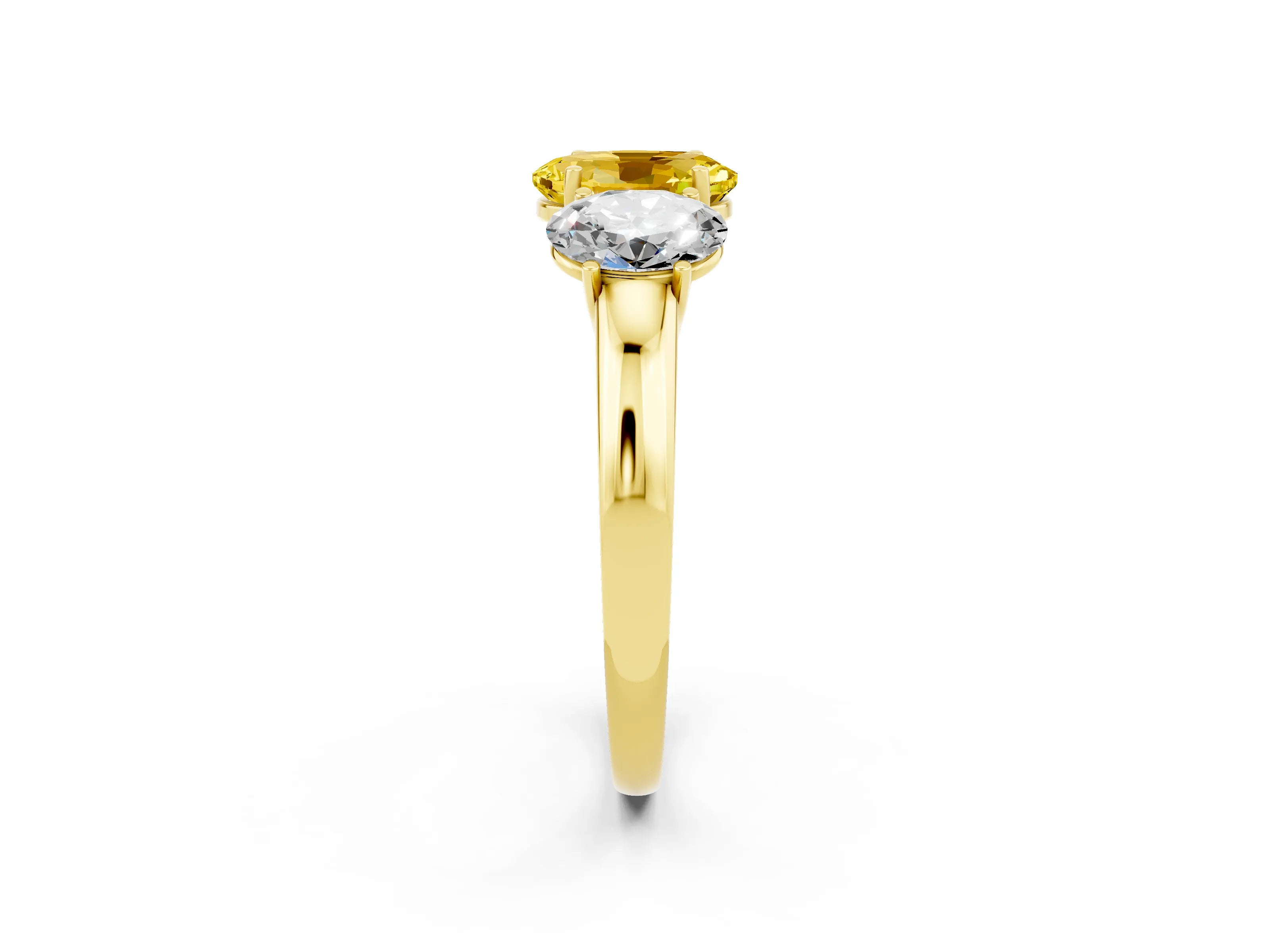 Yellow gold Oval Cut Yellow Sapphire Three-Stone Ring with Four-Prong Setting and Classic Band_2