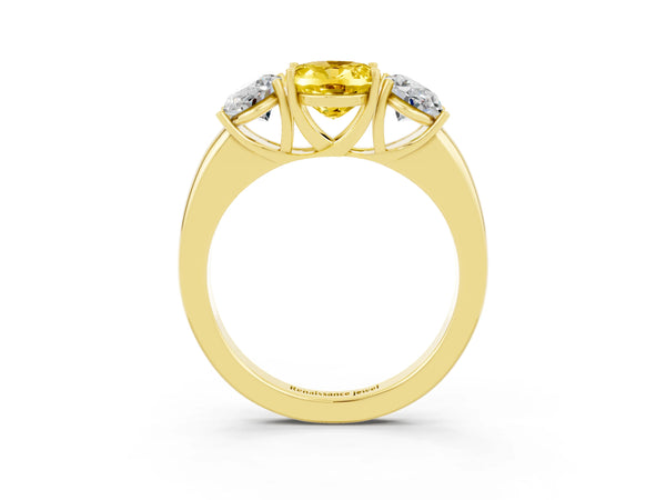 Yellow gold Oval Cut Yellow Sapphire Three-Stone Ring with Four-Prong Setting and Classic Band