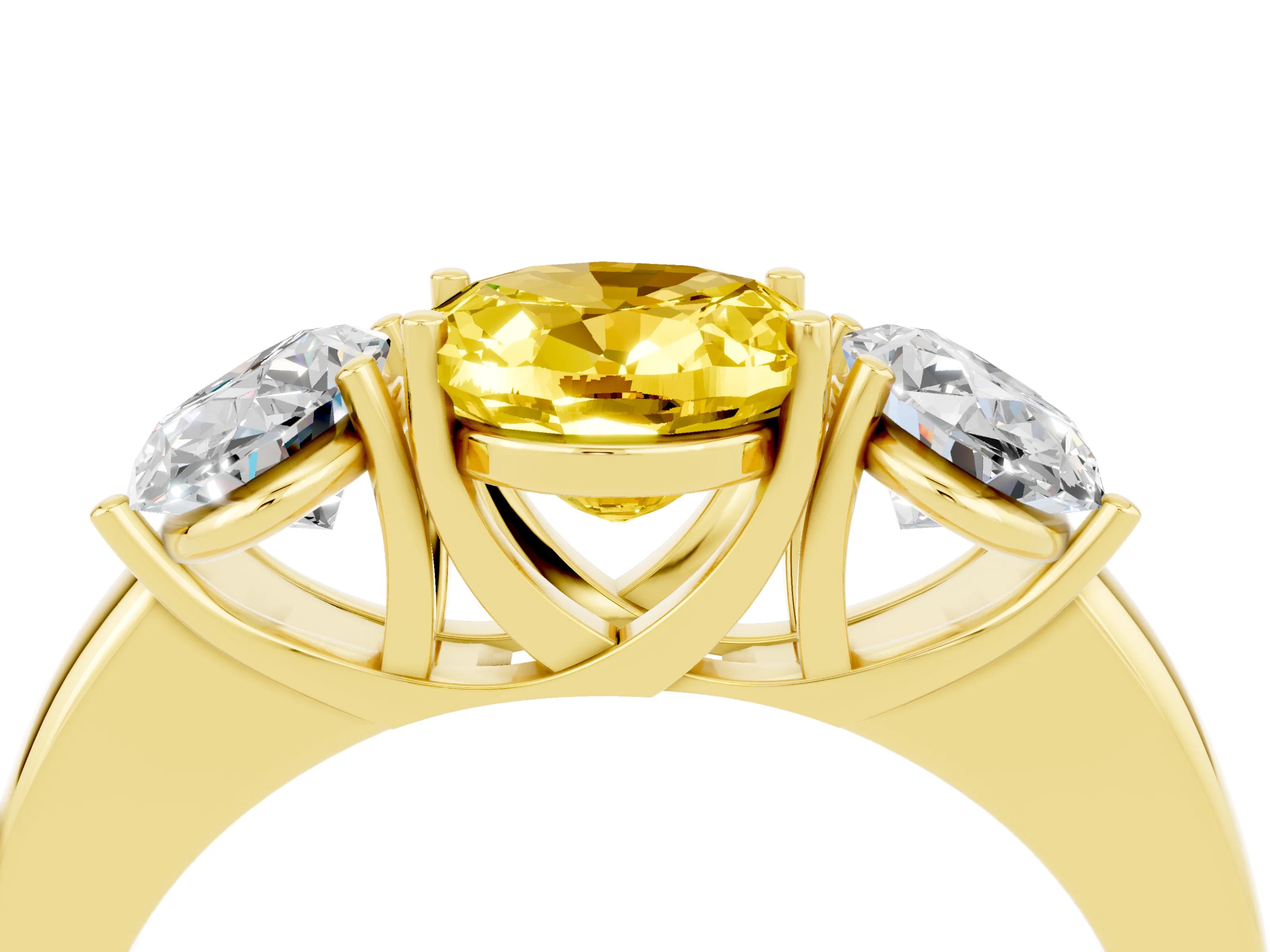 Yellow gold Oval Cut Yellow Sapphire Three-Stone Ring with Four-Prong Setting and Classic Band_4