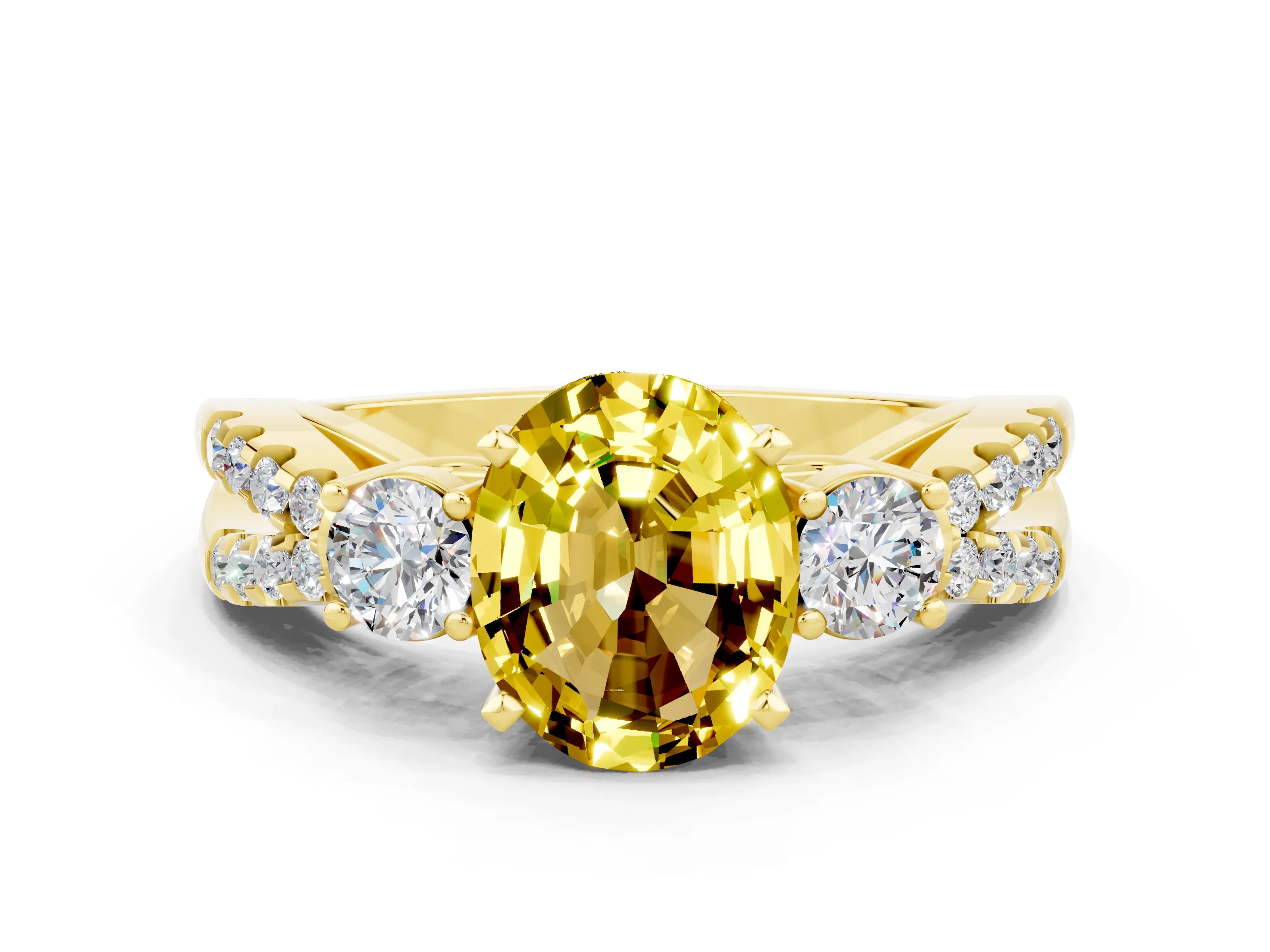Yellow gold Oval Cut Yellow Sapphire Three-Stone Ring with Pavé Split Shank and Four-Prong Setting_36