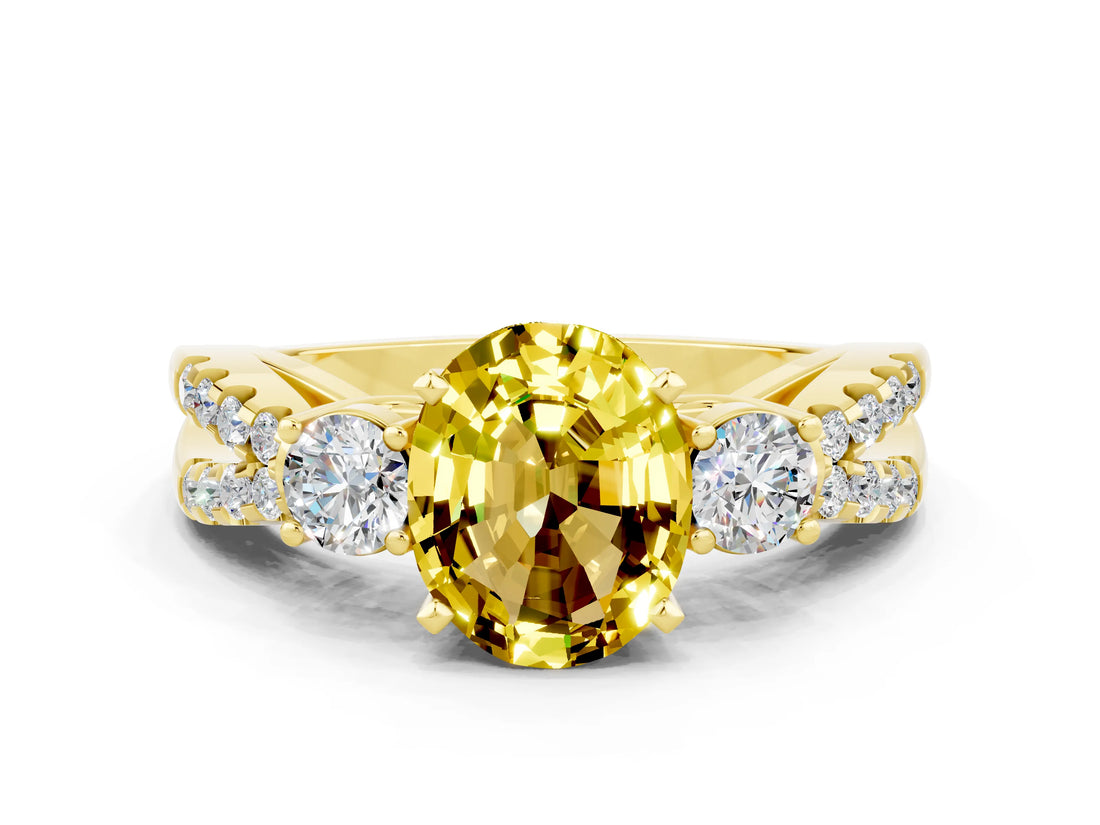 Yellow gold Oval Cut Yellow Sapphire Three-Stone Ring with Pavé Split Shank and Four-Prong Setting_36