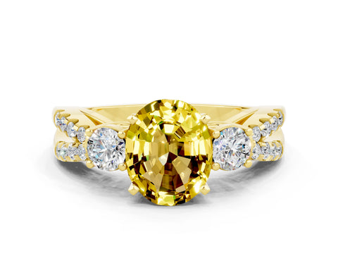 Yellow gold Oval Cut Yellow Sapphire Three-Stone Ring with Pavé Split Shank and Four-Prong Setting_36