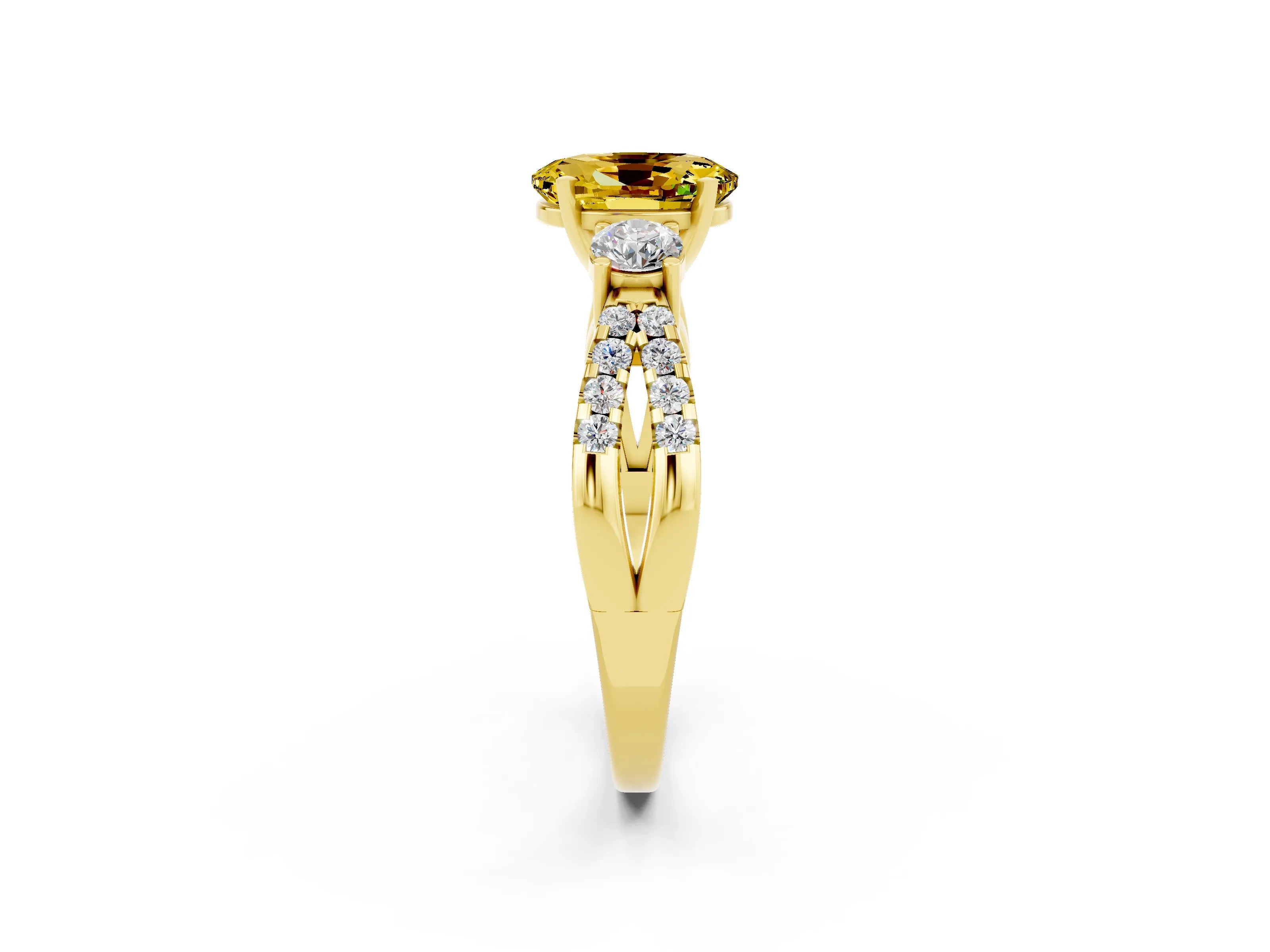 Yellow gold Oval Cut Yellow Sapphire Three-Stone Ring with Pavé Split Shank and Four-Prong Setting_38