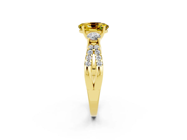 Yellow gold Oval Cut Yellow Sapphire Three-Stone Ring with Pavé Split Shank and Four-Prong Setting