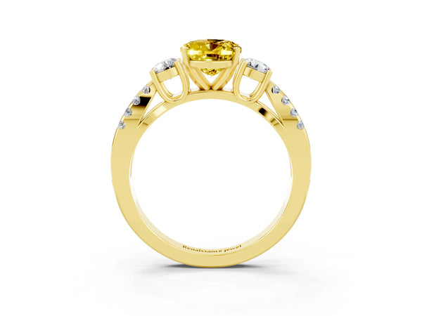 Yellow gold Oval Cut Yellow Sapphire Three-Stone Ring with Pavé Split Shank and Four-Prong Setting
