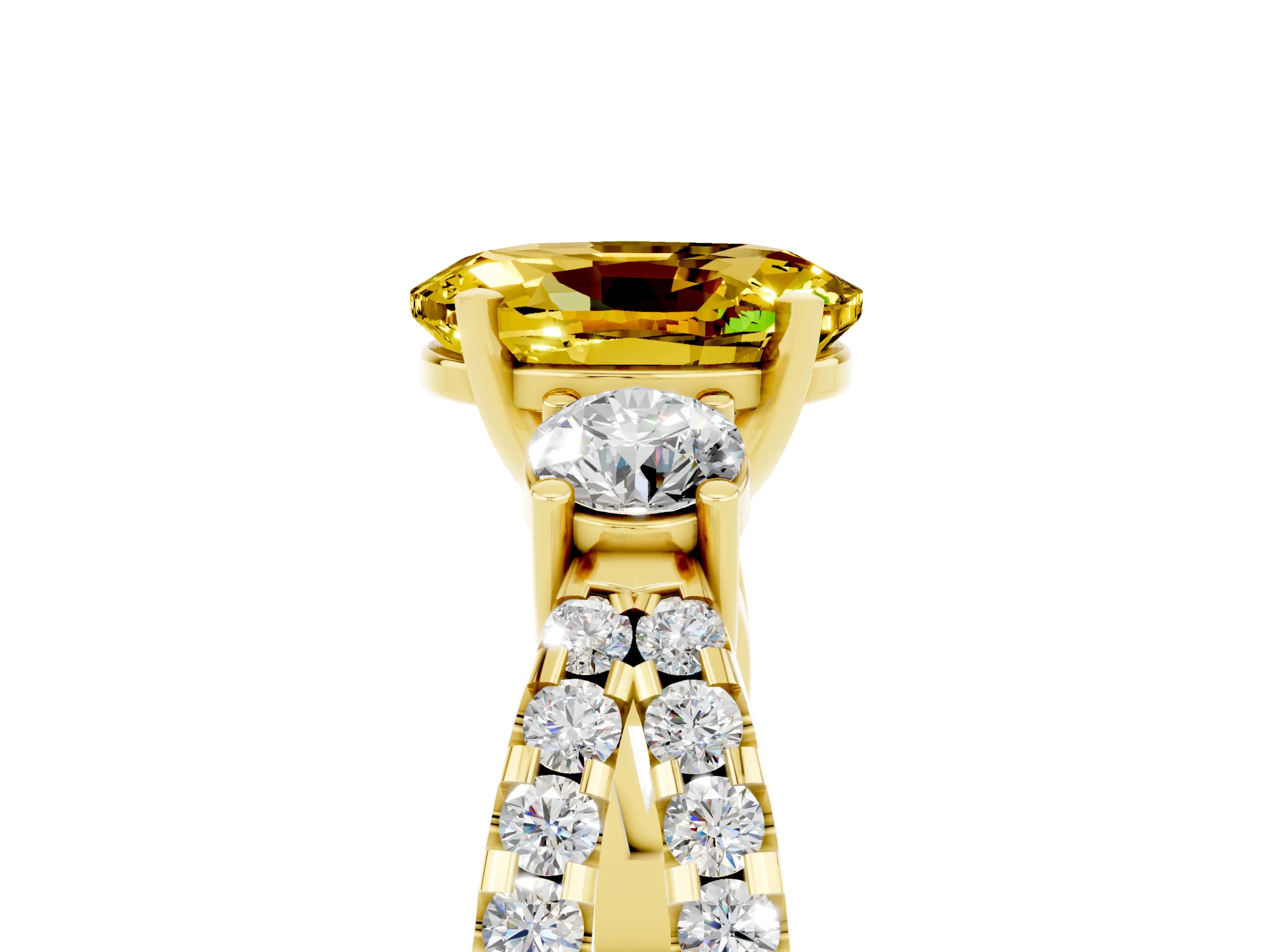 Yellow gold Oval Cut Yellow Sapphire Three-Stone Ring with Pavé Split Shank and Four-Prong Setting_41