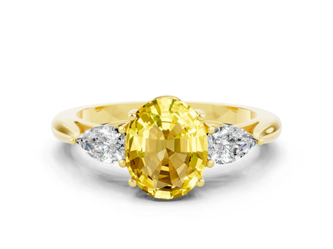 Yellow gold Oval Cut Yellow Sapphire Three-Stone Ring with Pear Side Stones and Four-Prong Setting_12