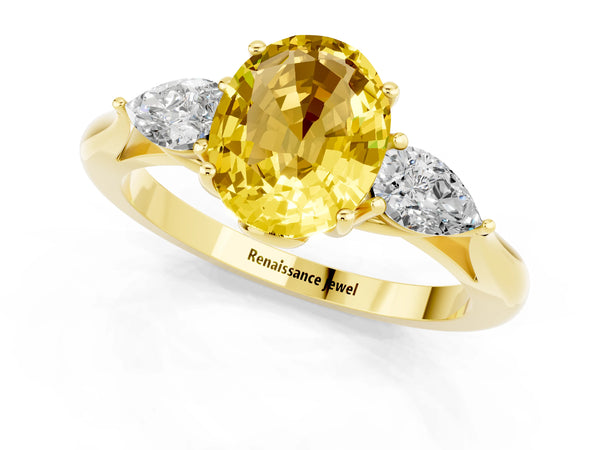 Yellow gold Oval Cut Yellow Sapphire Three-Stone Ring with Pear  Side Stones and Prong Setting