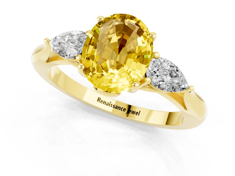 Yellow gold Oval Cut Yellow Sapphire Three-Stone Ring with Pear Side Stones and Four-Prong Setting_13