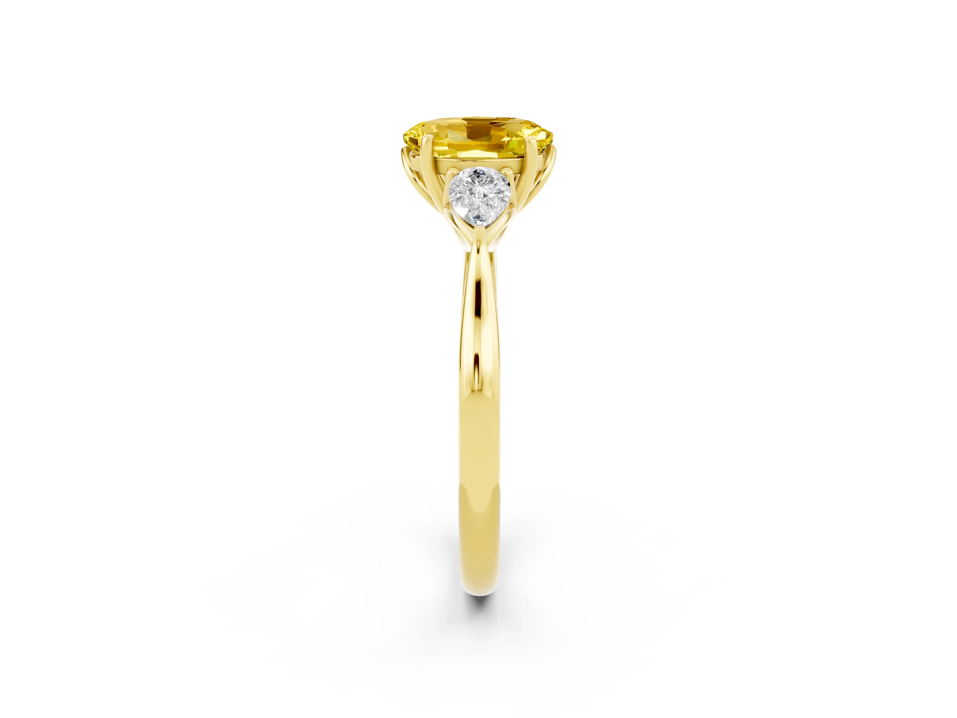 Yellow gold Oval Cut Yellow Sapphire Three-Stone Ring with Pear Side Stones and Four-Prong Setting_14