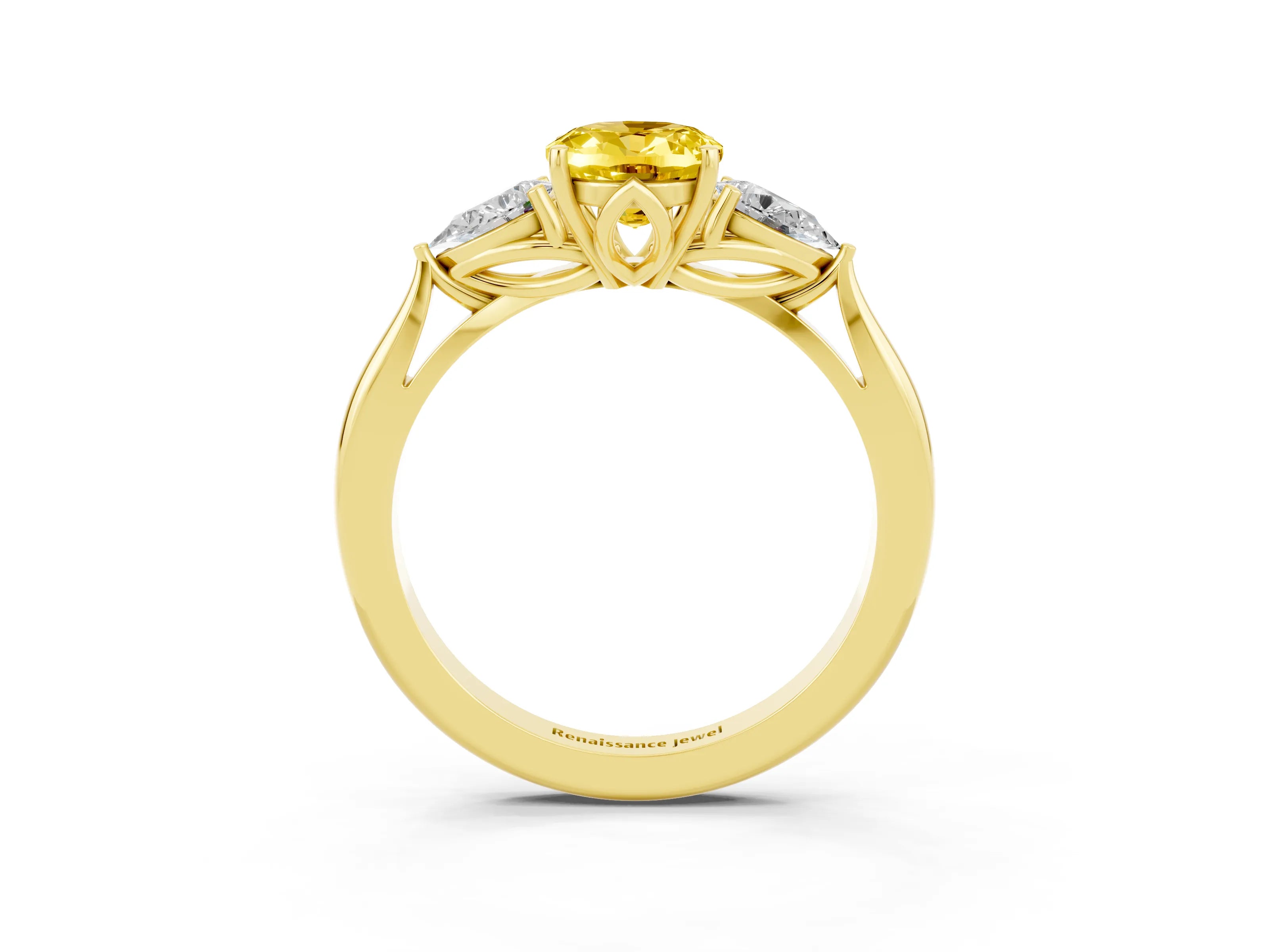 Yellow gold Oval Cut Yellow Sapphire Three-Stone Ring with Pear Side Stones and Four-Prong Setting_15