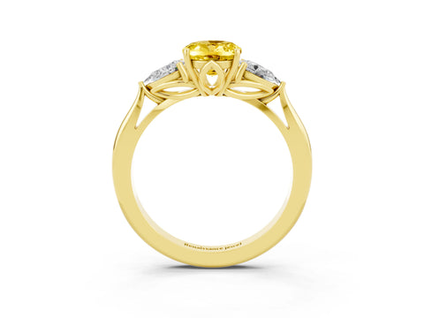 Yellow gold Oval Cut Yellow Sapphire Three-Stone Ring with Pear Side Stones and Four-Prong Setting_15