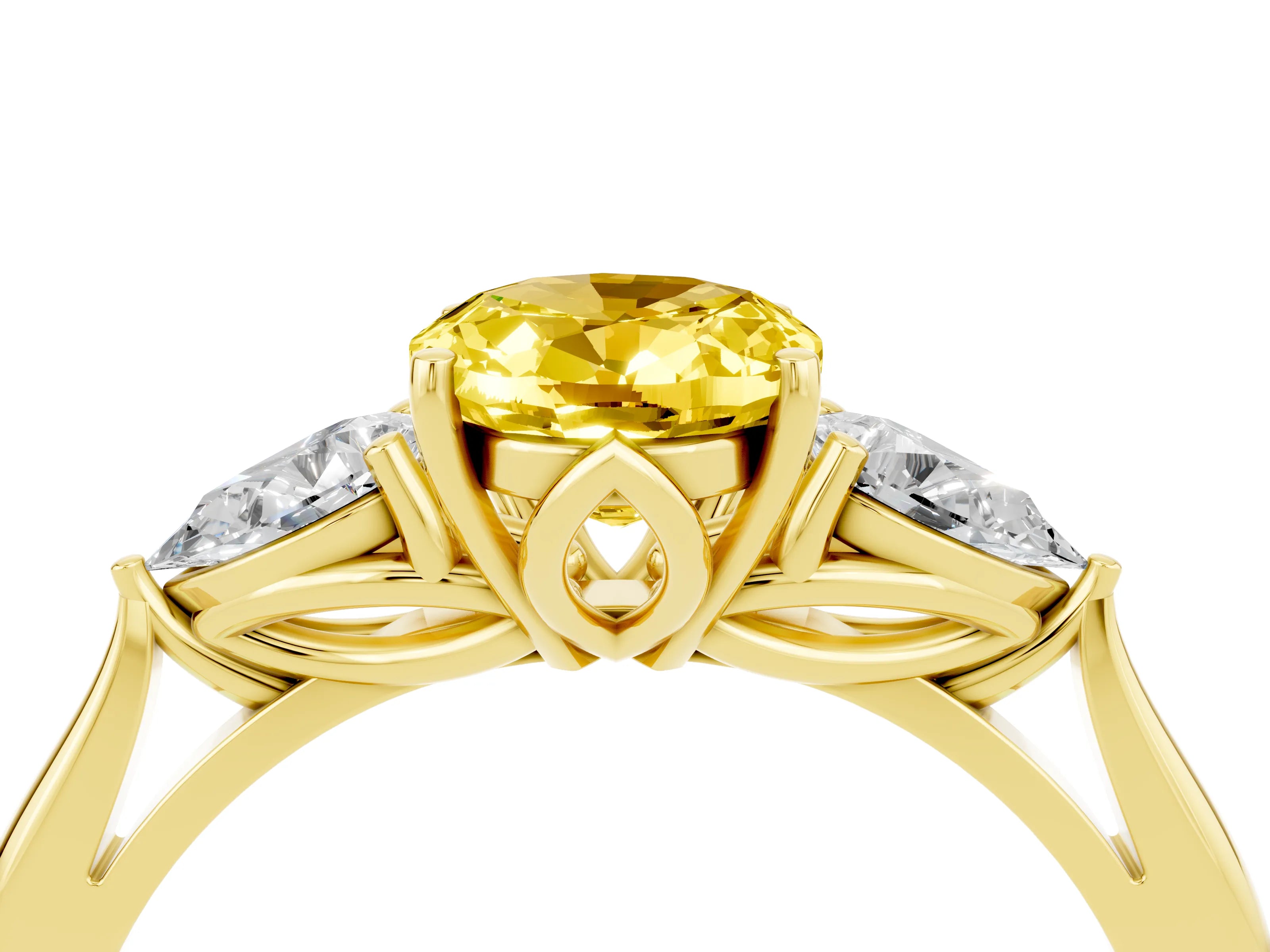 Yellow gold Oval Cut Yellow Sapphire Three-Stone Ring with Pear Side Stones and Four-Prong Setting_16