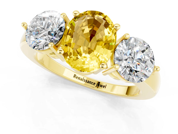 Yellow gold Oval Cut Yellow Sapphire Three-Stone Ring with Prong Setting and Classic Band