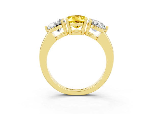 Yellow gold Oval Cut Yellow Sapphire Three-Stone Ring with Prong Setting and Classic Band