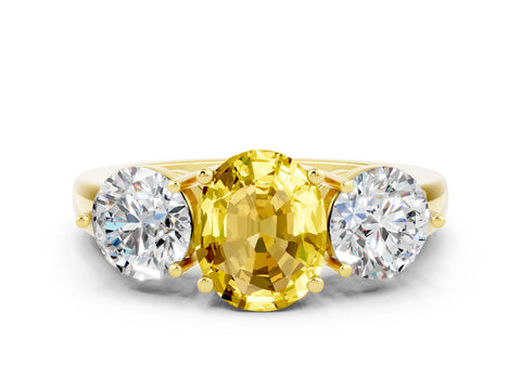 Yellow gold Oval Cut Yellow Sapphire Three-Stone Ring with Prong Setting and Classic Band