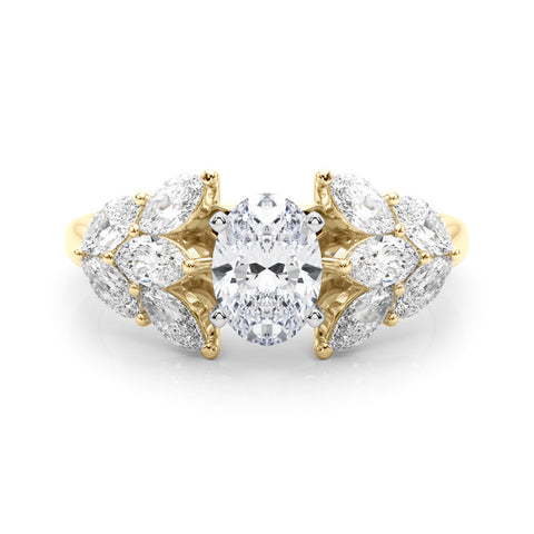 Yellow gold Oval Diamond Cluster Leaf Design Ring with Prong Setting 1