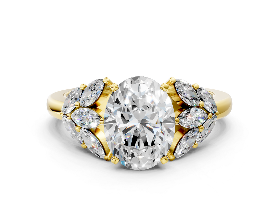 Yellow gold Oval Diamond Cluster Leaf Design Ring with Prong Setting_72