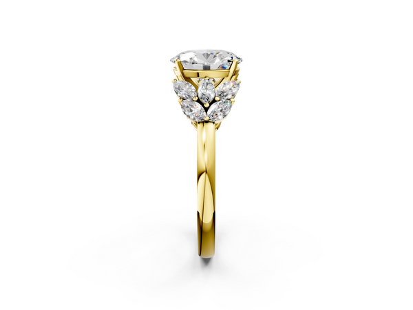 Yellow Gold Oval Cluster Leaf Engagement Ring Setting with Marquise Accents