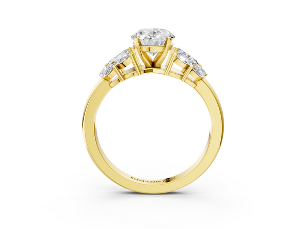 Yellow Gold Oval Cluster Leaf Engagement Ring Setting with Marquise Accents