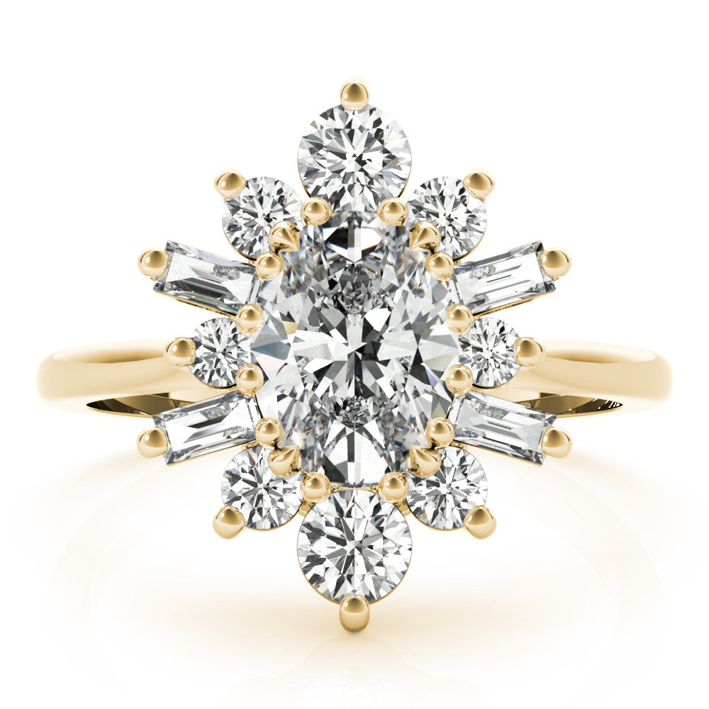 Yellow gold Oval Diamond Cluster Ring with Round and Baguette Stones, Split Shank Band, Prong Setting 1