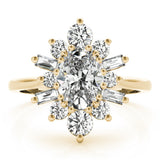 Yellow gold Oval Diamond Cluster Ring with Round and Baguette Stones, Split Shank Band, Prong Setting 1