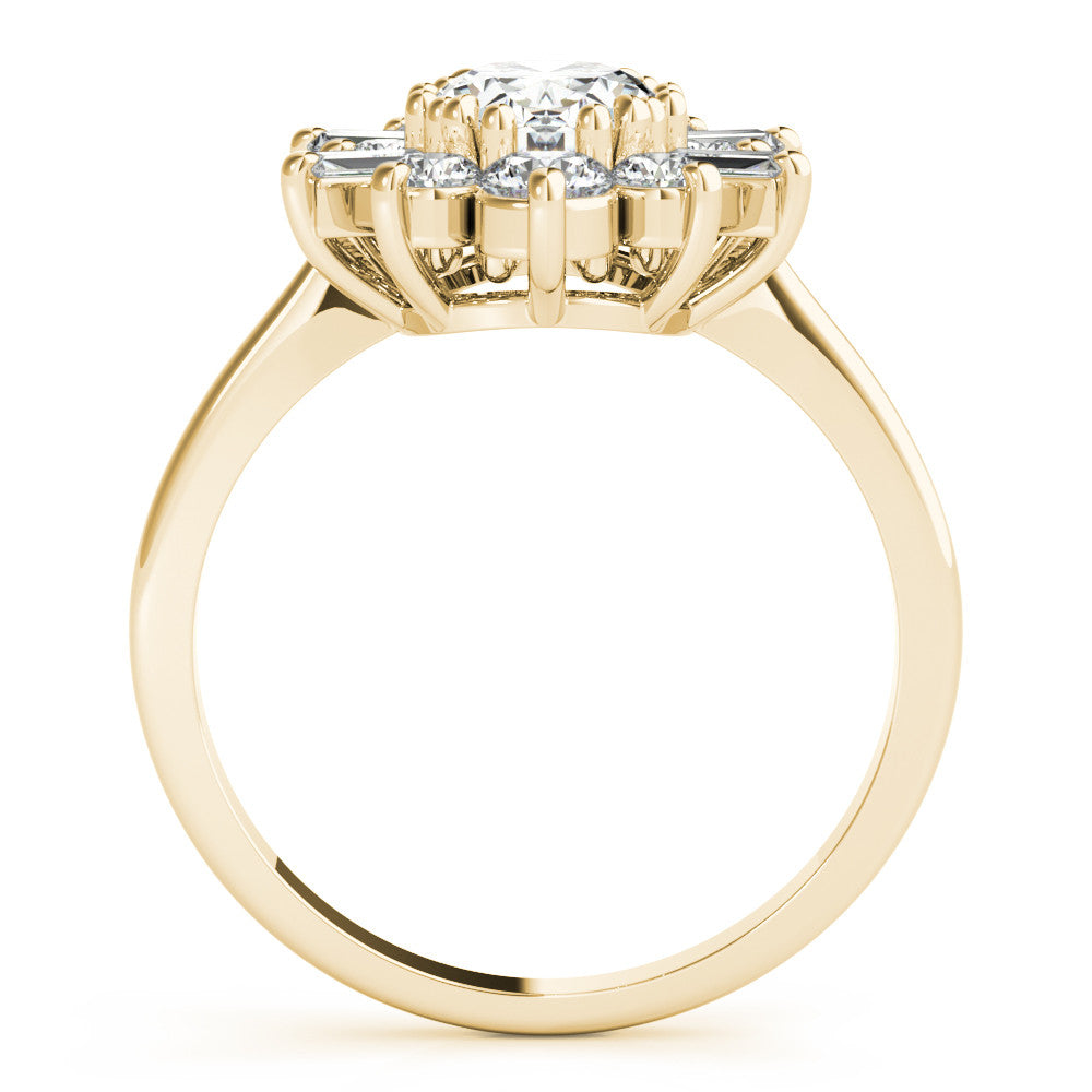 Yellow gold Oval Diamond Cluster Ring with Round and Baguette Stones, Split Shank Band, Prong Setting 2